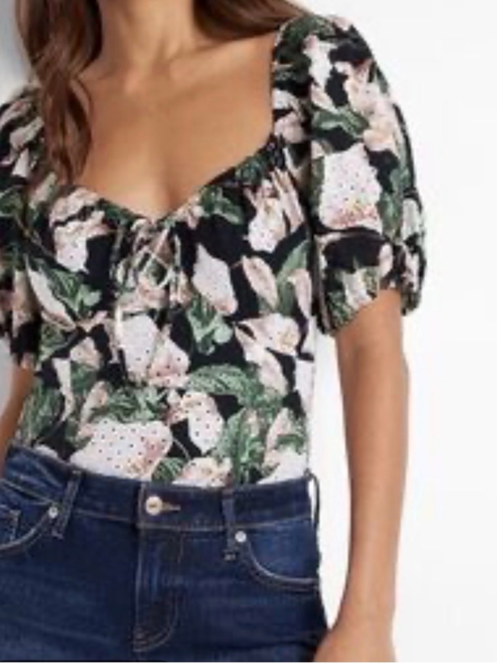 Express Floral Tie-Front Puff Sleeve Bodysuit - Black, Green, Pink